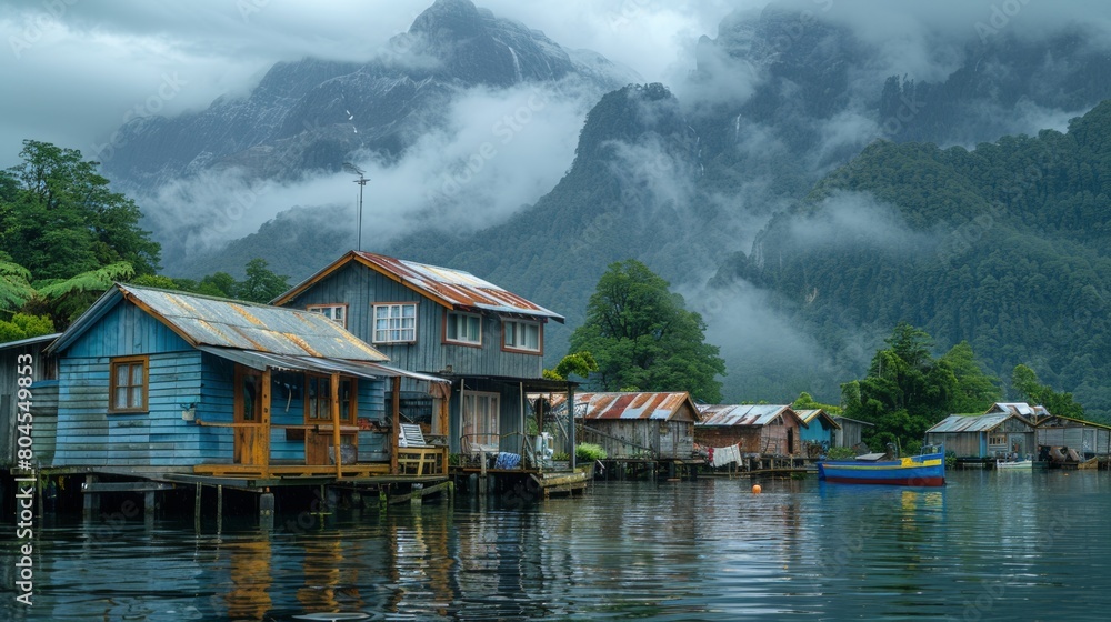A row of houses on the water with mountains in background, AI A row of houses on the water with mountains in background, AI