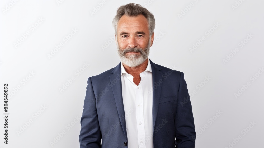 Serious older man in casual with beard head shot portrait. Grey haired retiree, pensioner posing, standing isolated against white wall background. Close up male portrait, elderly age concept Serious older man in casual with beard head shot portrait. Grey haired retiree, pensioner posing, standing isolated against white wall background. Close up male portrait, elderly age concept