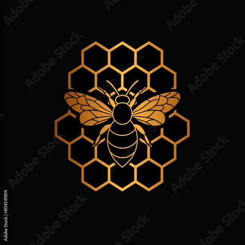 Golden bee logo on a detailed honeycomb pattern, set against a black background, luxurious and intricate design ideal for branding in the honey and beekeeping industries, high-quality