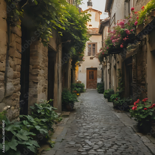 a narrow cobblestone street with flowers and plants on either side