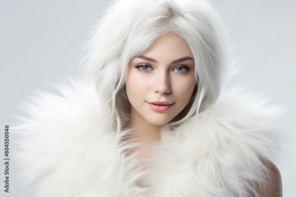 Beautiful blond young woman in white fur. winter fashion. Beauty sexy Model Girl with nude make-up Beautiful blond young woman in white fur. winter fashion. Beauty sexy Model Girl with nude make-up
