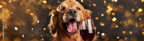 A grinning Golden Retriever, tongue out, elegantly holding a burgundy wine glass amidst a golden confetti shower, Photorealistic, photo