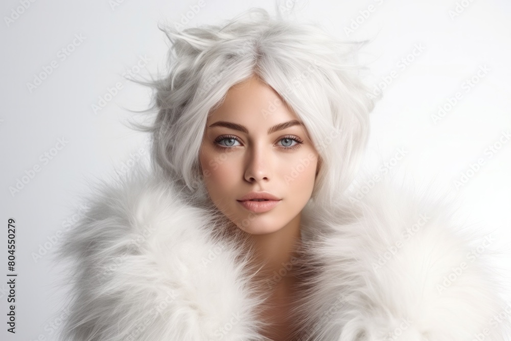 Beautiful blond young woman in white fur. winter fashion. Beauty sexy Model Girl with nude make-up Beautiful blond young woman in white fur. winter fashion. Beauty sexy Model Girl with nude make-up
