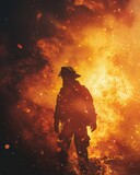 A firefighter in silhouette against roaring flames, embers flying, symbolizing bravery
