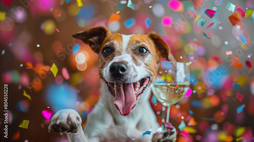 A joyful Jack Russell, tongue wagging, holding a glass of cava, with vibrant multicolored confetti, Photorealistic,