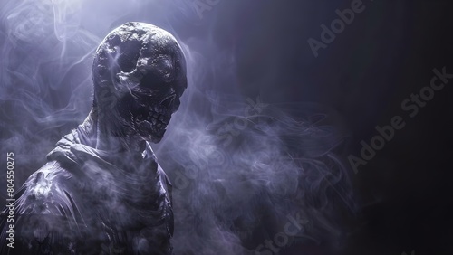 Mysterious undead creature lurking in shadows with space for text on dark background. Concept Mystery, Undead Creature, Shadows, Dark Background, Text Space