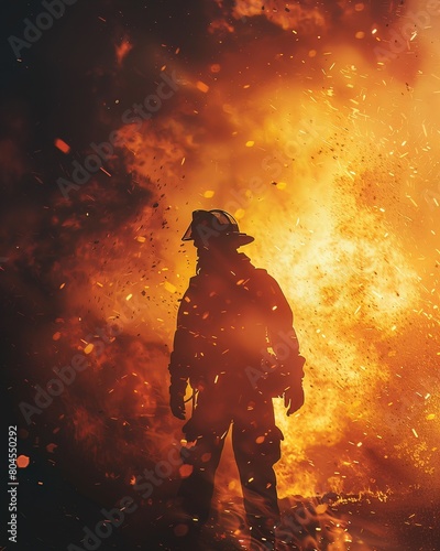 A firefighter in silhouette against roaring flames, embers flying, symbolizing bravery
