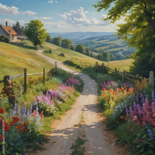 painting of a country road with flowers and a fence