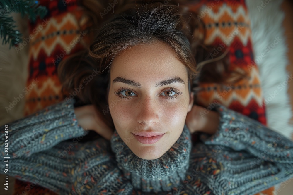 A serene young woman looks upwards, wrapped in a cozy knitted sweater at home A serene young woman looks upwards, wrapped in a cozy knitted sweater at home