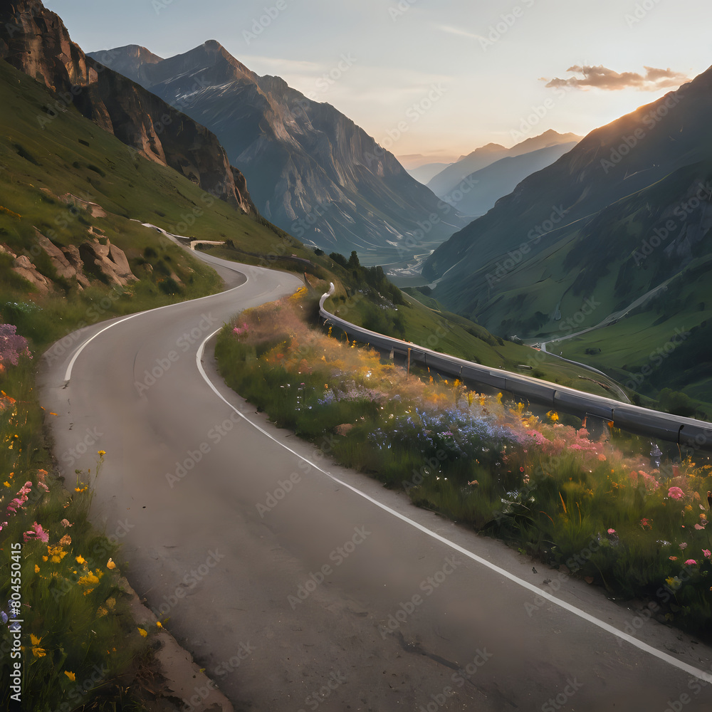 Obraz premium a winding road going through a valley with mountains in the background