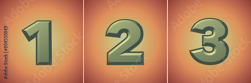 set on 3d numbers in a retro style, 3d rendering, one, two, three