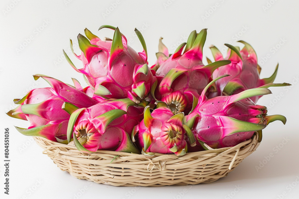 A selection of fresh, organic dragon fruit, its vibrant pink skin contrasting beautifully in a wicker basket on a white canvas.