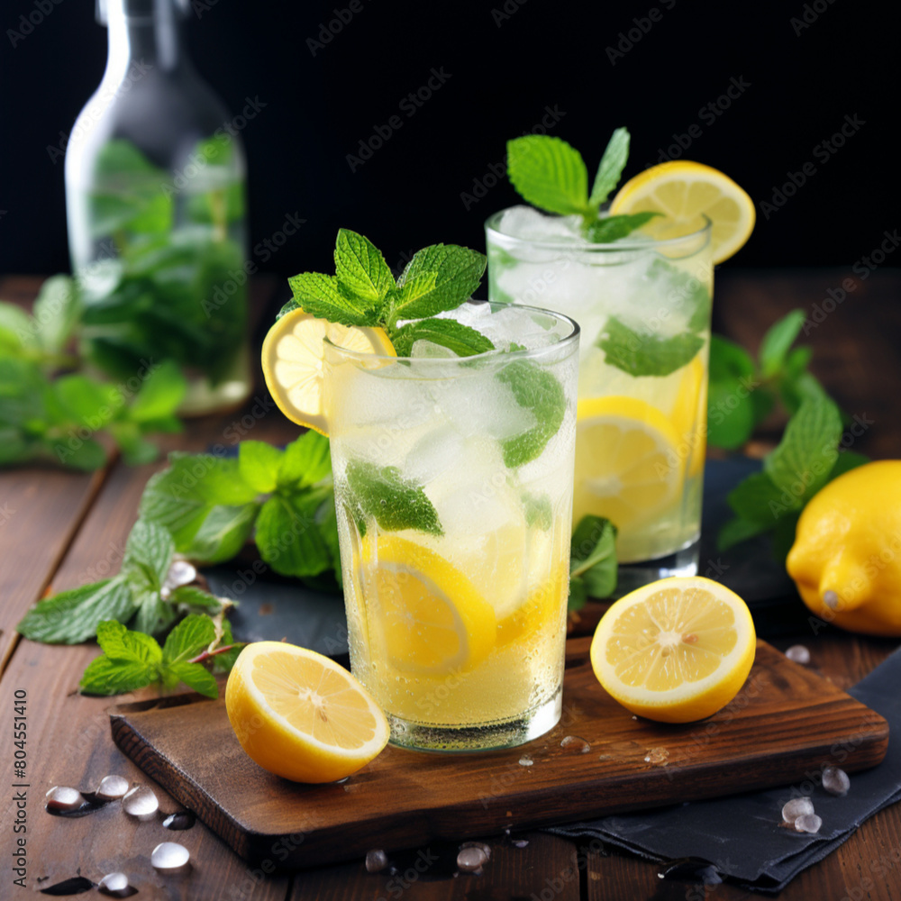 Refreshing lemon soda with mint and ice Refreshing lemon soda with mint and ice