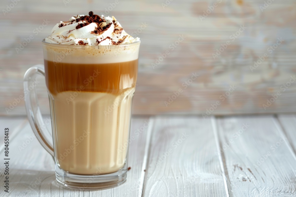 Coffee Latte Macchiato in Glass Cup on White Wooden Table Coffee Latte Macchiato in Glass Cup on White Wooden Table
