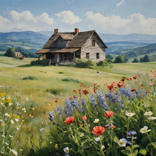 painting of a house in a field with wildflowers and a mountain in the background