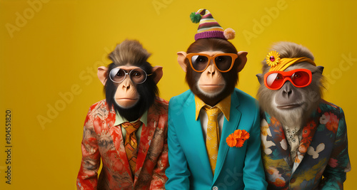 Creative animal concept. Group of monkey in funky Wacky wild mismatch colourful outfits isolated on bright background advertisement, copy space. birthday party invite invitation banner   © Sandra Chia