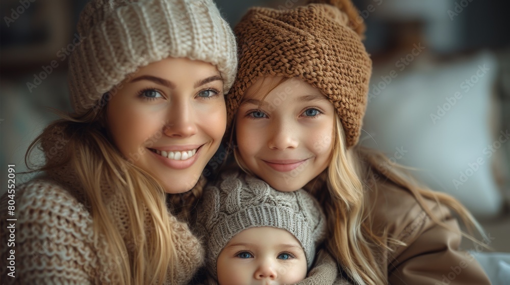 Obraz premium A woman and two children in hats smiling at the camera, AI