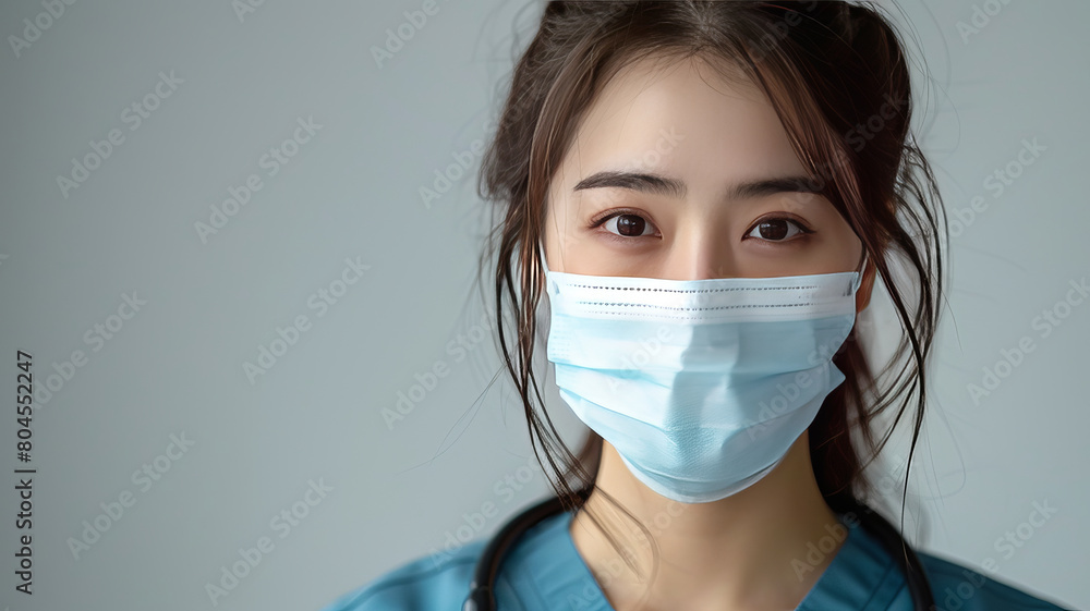 A female Chinese nurse wearing a mask, pushing a cart,generative ai A female Chinese nurse wearing a mask, pushing a cart,generative ai