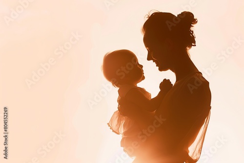 Silhouette of mother and baby at sunset