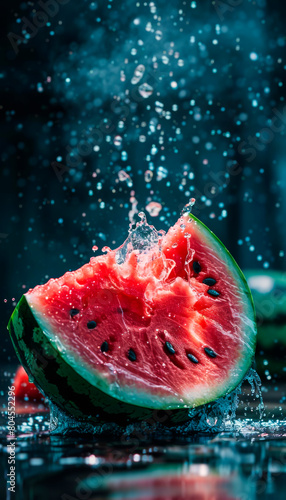 a watermelon being sprayed with water, with droplets bouncing off and the fruit splitting open
