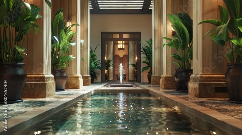 A grand entrance to the spa with tall columns and a sparkling water fountain creating a peaceful ambiance.. © Justlight