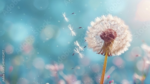 An enthralling scene of a dandelion in the wind  blowing away its seeds in a blue sky.