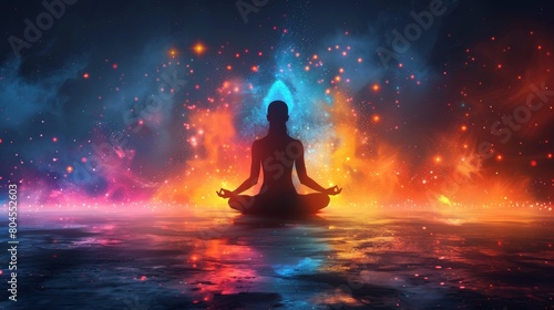 The human figure is seated in a yoga lotus pose. Meditation in the center of a wheel of life. A coaching tool in colorful diagram, life coaching. Modern illustration of the human figure in a life photo