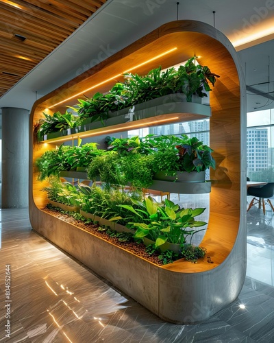Sustainable and vibrant office design, ecofriendly elements in a modern setting