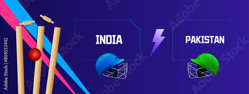 illustration for T20 Cricket Championship league Poster India vs Pakistan, with cricket ball, wicket stumps, Cricket Helmets Poster  photo