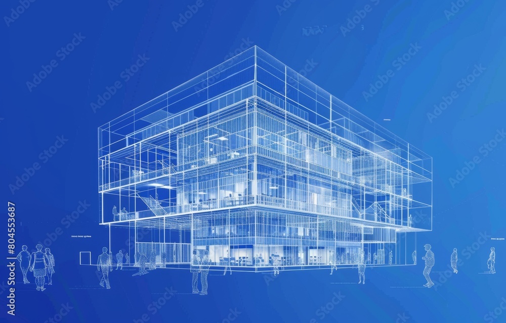 A blueprint of an office building with a digital wireframe, a blue background, white lines and a minimalistic design The building is made up of multiple floors Generative AI