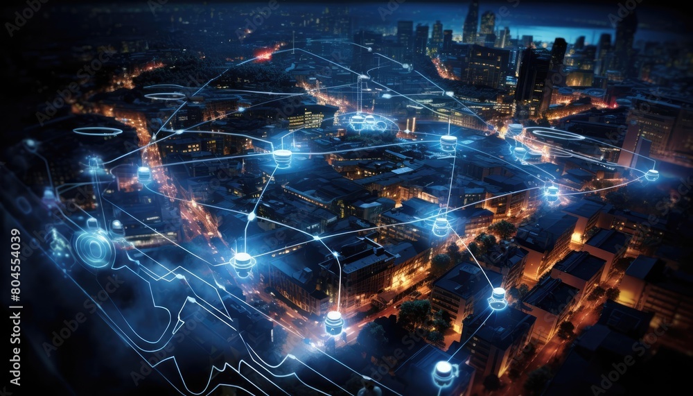 A city at night with a glowing blue network of lines and dots representing a digital network.