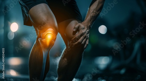 man suffering from pain in knee pain due to bone disease, knee joint degeneration osteoarthritis, tendonitis or tear, exercise injury or injuries from accidents, show holograms, x-rays health care photo