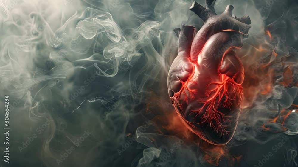 A detailed model of a human heart enveloped by smoky tendrils ...