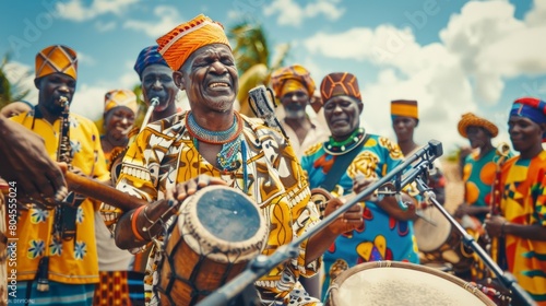 A band dressed in traditional brightly patterned clothing playing lively instruments and encouraging the crowd to join in on the festivities.