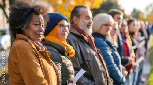 A diverse group of people lined up outside a polling station, waiting to cast their votes in the presidential election