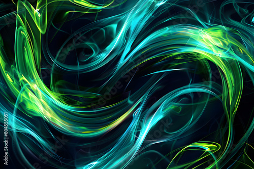 Neon swirls in green and blue hues with glowing effects. Mesmerizing artwork on black background.