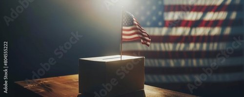 American flag waving proudly in the background with a ballot box in the foreground, symbolizing democracy and the right to vote photo