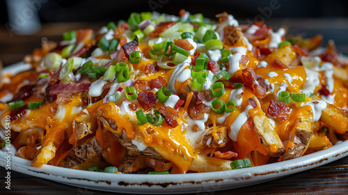 A plate of cheesy loaded fries piled high with melted cheddar cheese, crispy bacon, green onions, and a drizzle of ranch dressing, a decadent appetizer or snack option.