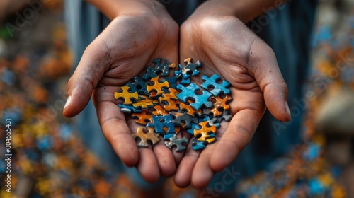 In this top view, the hands of an autistic child and his father are arranged in a color puzzle symbol to represent autism awareness. Autism Awareness Month or Day. © Avve Diana