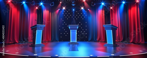 Political debate stage with podiums for presidential candidates to discuss their policies and platforms