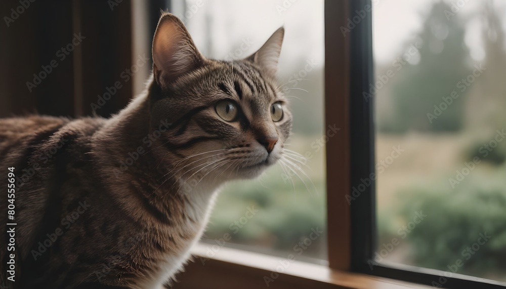 A tabby cat with green eyes looking out a window