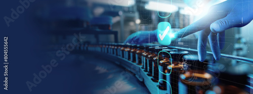 Blue glove hand Concept of FDA approved. Food and drugs administration. AI helping software Quality medcine, assurance, organization. Lab factory background.