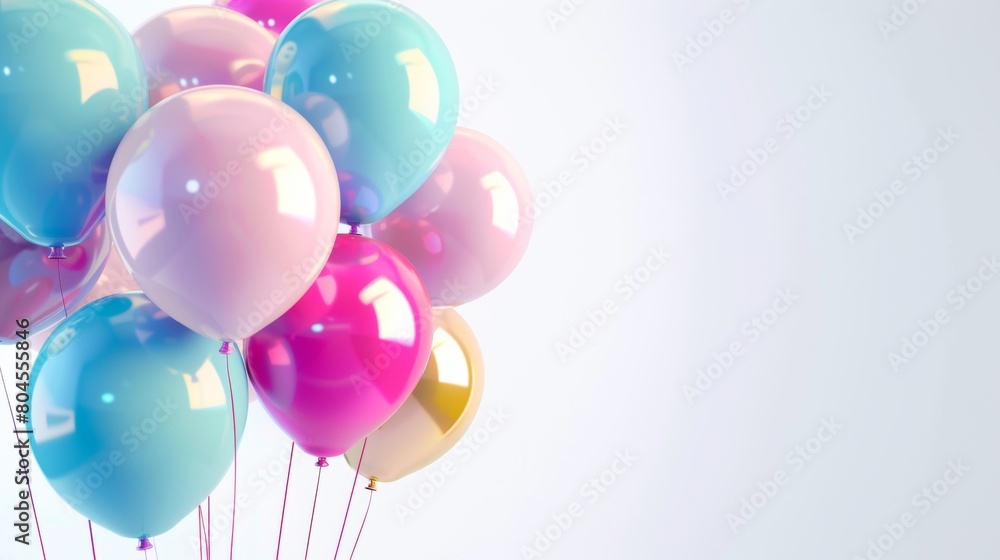 3d Realistic Colorful Balloons , Holiday illustration of balloons, birthday party decoration isolated on white background, soft color, bright light pastel tone colors, best detail and resolution.