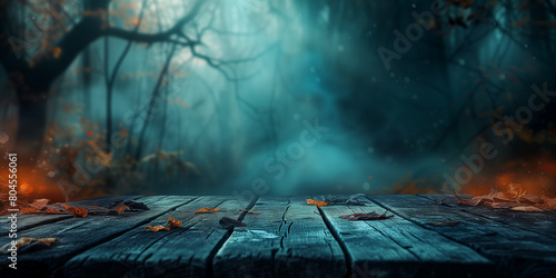 Wooden table with creepy forest background photo