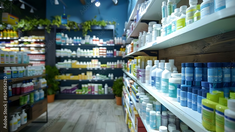 A comprehensive view of a pharmacy with shelves filled with a variety of products. Concept Pharmacy, Medicine, Health, Well-being, Variety of Products
