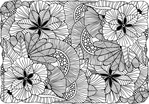 Coloring book page with different flowers and leaf in zentangle style. Black and white vector illustration. A4 size. Doodle, hand drawn, zen art, anti stress.