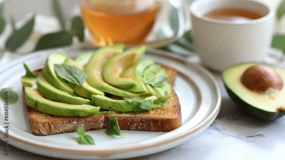 Avocado toast on plate with tea, a delicious food combination Avocado toast on plate with tea, a delicious food combination