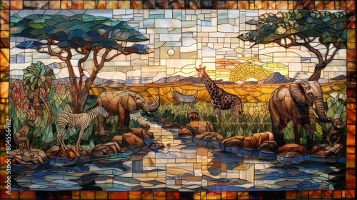 African nature Mosaic , savana and animals, Stained Glass Illusion 
