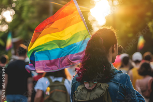 A young woman participating in Gay Pride Day celebrations, holding a rainbow flag. photo