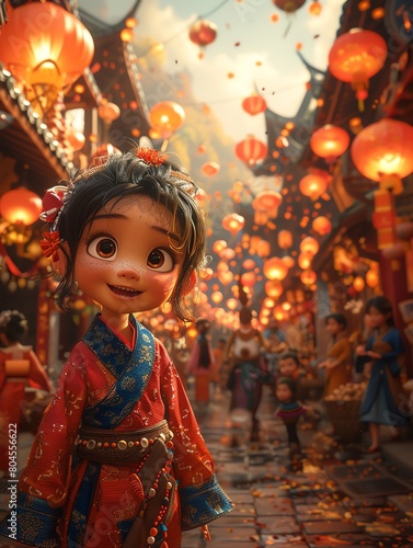 A cute cartoon girl standing in a Chinese street. She is wearing a red and gold dress and has a flower in her hair. The street is decorated with red lanterns and there are people walking around. © ParinwatDOP